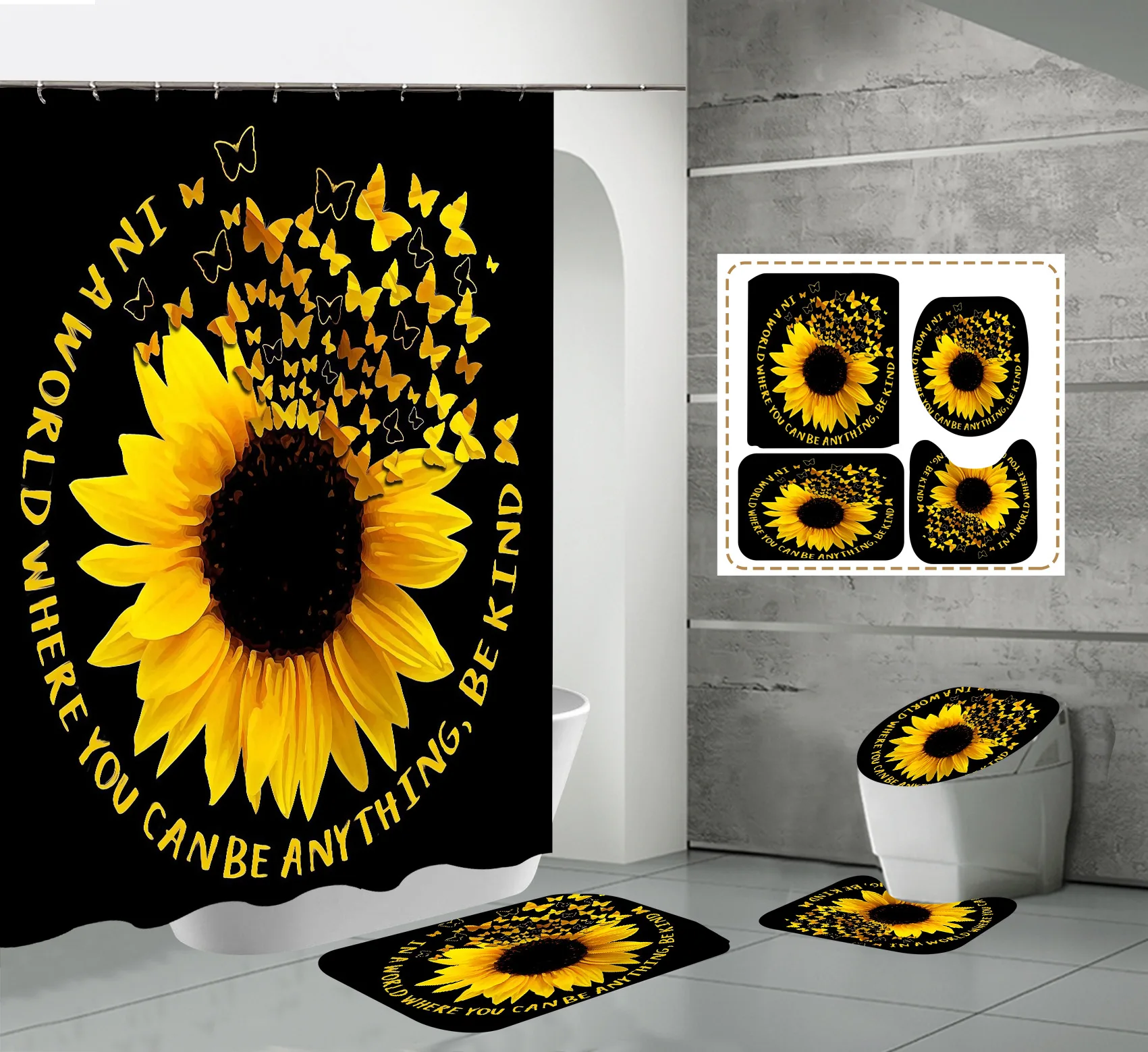 Комплект занавески для душа с 3D-печатью Butterfly Sunflower, коврик для ванной, коврик для унитаза, декор для ванной, нескользящий полиэстер, свежая вода, пуф