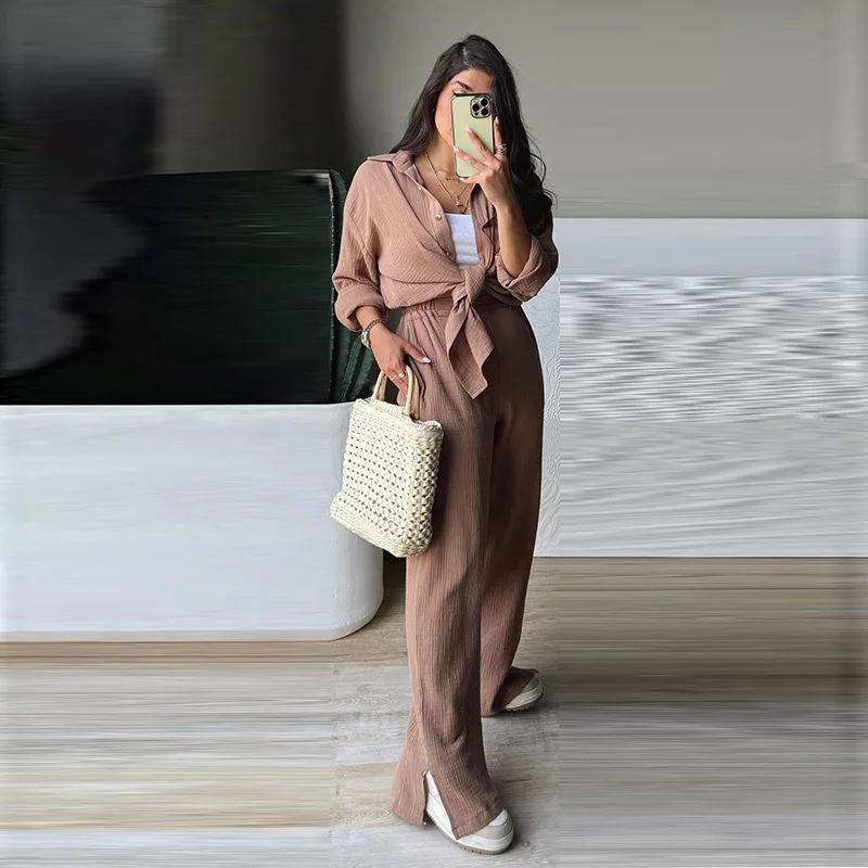 Комплекты брюк для женщин Домашняя одежда из 2 предметов Пижамы с длинным рукавом Пижамные комплекты Женская повседневная рубашка с широкими брюками Костюмы 2023