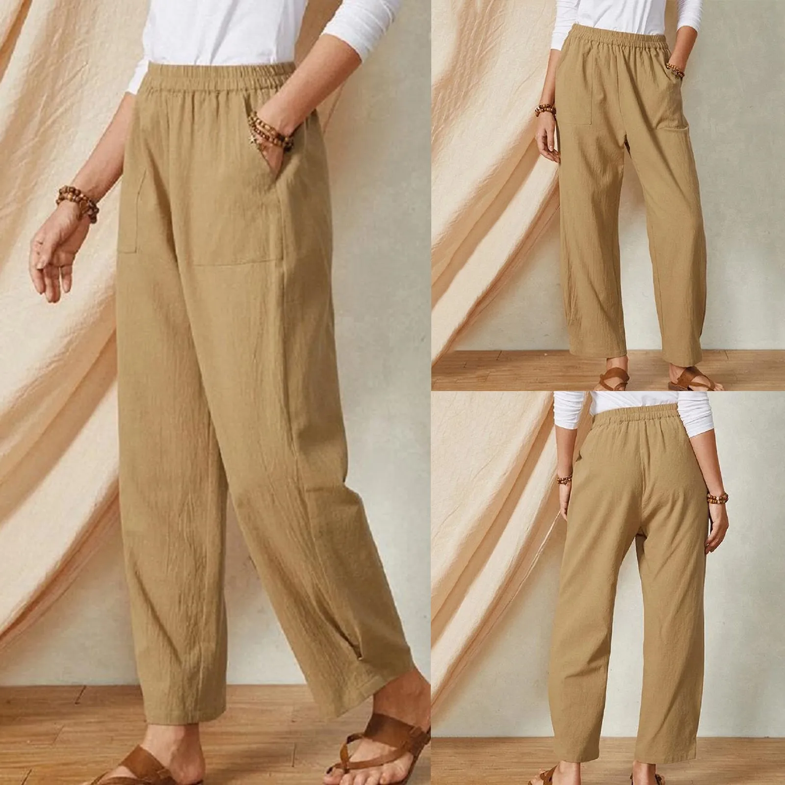 Женские брюки для йоги, хлопковые льняные брюки с сплошным карманом, женские однотонные повседневные брюки с широкой талией, брюки roupa academia femininas