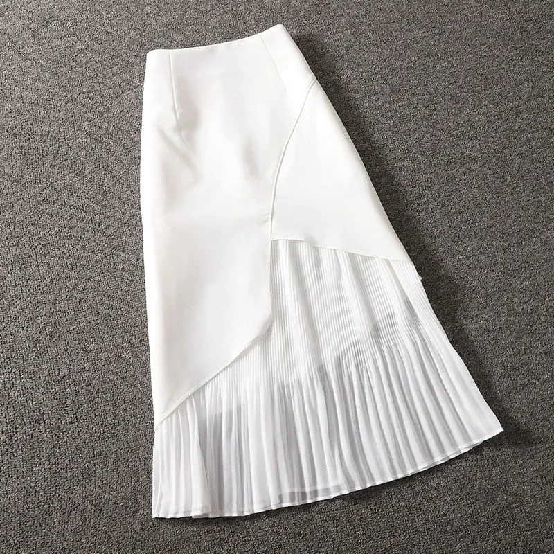 Юбки с эластичной резинкой на талии большого размера, весна-лето, женская шифоновая плиссированная юбка средней длины, женская мода, Черный, белый цвет