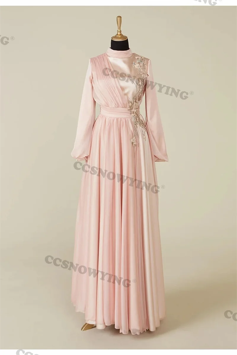 Элегантное розовое атласное исламское вечернее платье с длинным рукавом, мусульманские вечерние платья с аппликацией, Женский арабский кафтан, халат для званого вечера
