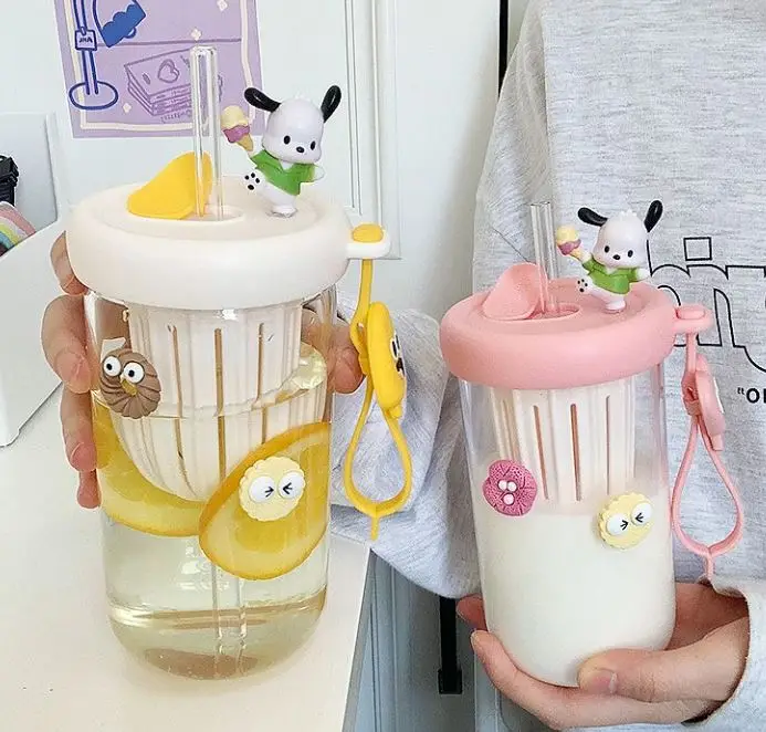 Стеклянная чашка Sanrio Ins Charm Соломенная чашка Kuromi Pochacco Бытовая чашка для питья Студенческая чашка для чая с молоком большой емкости