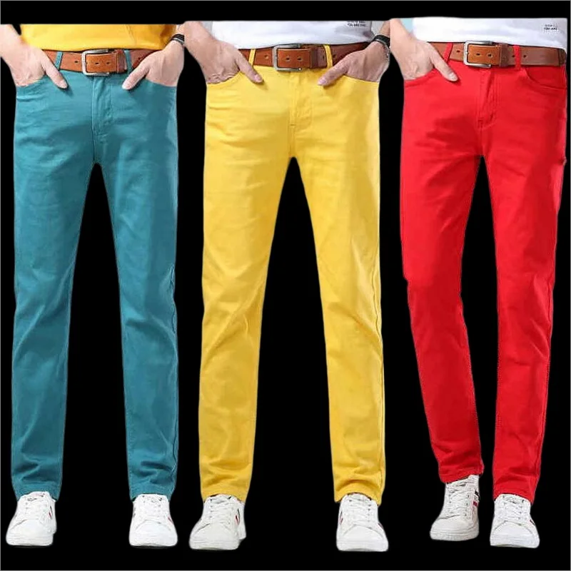 Весенне-осенние джинсовые брюки Стрейчевые Классические джинсы Молодежные мужские прямые Желтые брюки высокого качества