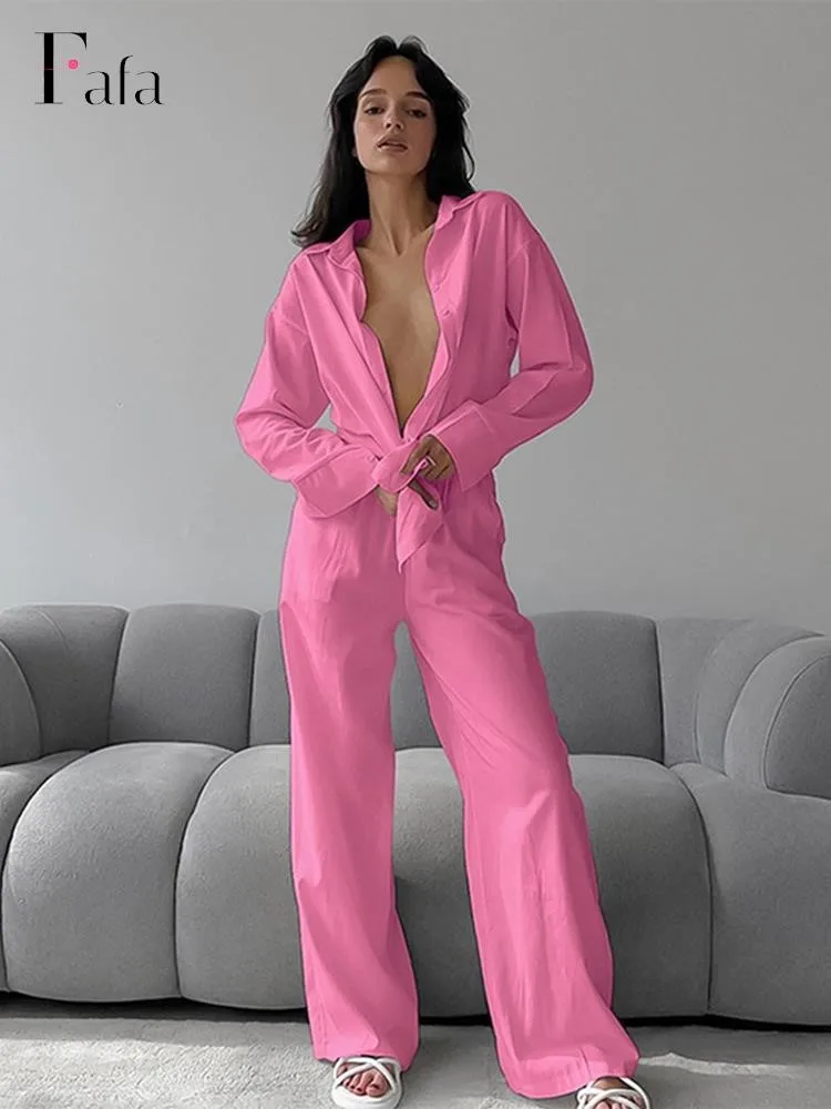 Модные розовые брючные комплекты из 2 предметов, женская повседневная рубашка с длинным рукавом и широкие брюки, костюм 2023, осенние женские элегантные наряды