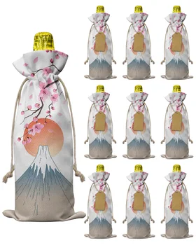 10шт Сумка для винных бутылок Mt. Fuji Sakura в японском стиле со шнурком, Декор для праздничной вечеринки, Крышки для винных бутылок, Подарок  5