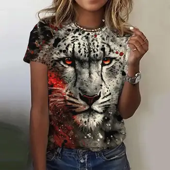 2023 Женская летняя дешевая одежда из полиэстера с короткими рукавами, топы с рисунком свирепых животных, тигра и Льва, классическая модная женская одежда  5