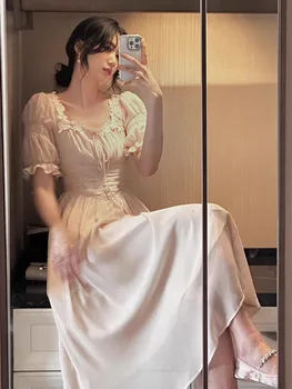 2023 Летние женские элегантные милые вечерние платья миди, праздничное женское платье-халат на шнуровке, офисное женское повседневное платье корейской моды  10