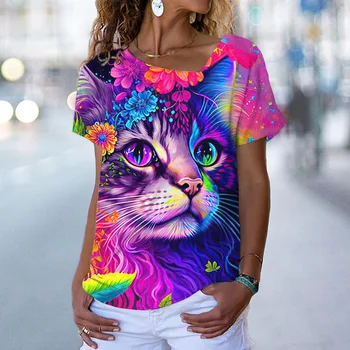 2023 Новая летняя футболка с 3D принтом милого кота, повседневная футболка с V-образным вырезом, модная женская футболка  10
