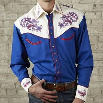 2023 Новая мужская модная рубашка с вышивкой в западноамериканском стиле с вышитым рисунком Рубашка со свободным рукавом  5