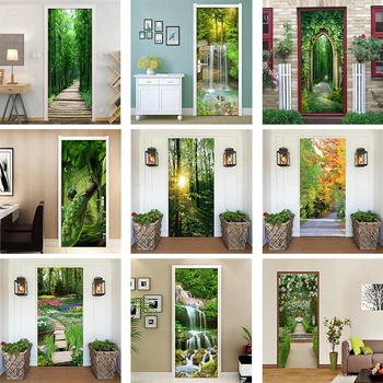 3D наклейка на дверь с зеленой растительностью, ПВХ Съемный водонепроницаемый самоклеящийся плакат, Креативное украшение для гостиной, спальни, Настенная роспись  5