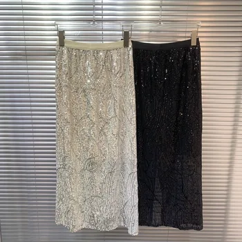 AL60595, черная юбка-карандаш в европейском стиле с высоким разрезом на талии, женская новинка лета 2023 года, расшитая блестками.  5