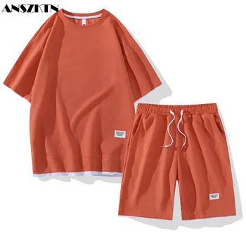 ANZKTN Новый мужской летний модный бренд ice silk, футболка с короткими рукавами, шорты, повседневная футболка из двух частей, костюм  2