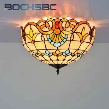 BOCHSBC Tiffany style желтый 16-дюймовый верхний светильник из витражного стекла в стиле барокко, ресторан, спальня, прихожая, потолочный светильник LED deco  3