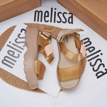 Melissa 2024, Летние женские босоножки на среднем каблуке, модная однотонная женская обувь с открытым носком, Удобная уличная женская обувь  10