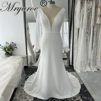 Mryarce Простые элегантные платья-русалки из крепа с глубоким вырезом и съемными пышными рукавами из органзы Свадебные платья  10