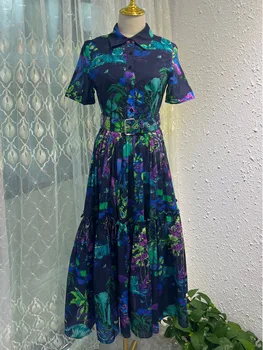 QQ7036 Хлопковое однобортное платье миди с фиолетовым принтом и коротким рукавом, новинка лета 2023 для европейских и американских женщин  2