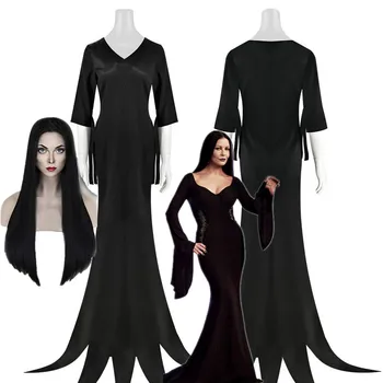 Wednesday Addams Family Morticia Косплей костюм Парик Черное сексуальное облегающее вечернее платье для женщин на Хэллоуин, Карнавальная одежда  10