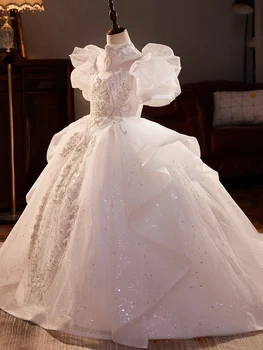 Белые платья принцессы для девочек, детское свадебное бальное платье для детей, роскошное платье с цветочным рисунком, расшитое блестками, платье с шлейфом для Рождественской вечеринки  5