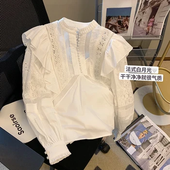 Блузка Blusa С длинными рукавами, Французская Белая Лоскутная кружевная рубашка с рюшами, Женская весна 2023, Новая Корейская блузка, Облегающий укороченный топ  5