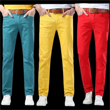 Весенне-осенние джинсовые брюки Стрейчевые Классические джинсы Молодежные мужские прямые Желтые брюки высокого качества  10