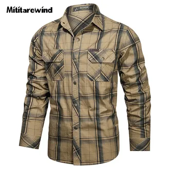 Весенне-осенняя клетчатая рубашка с длинным рукавом, мужская уличная Повседневная хлопковая рубашка в стиле милитари, мужские рубашки большого размера M-5XL, Топы для отдыха  5
