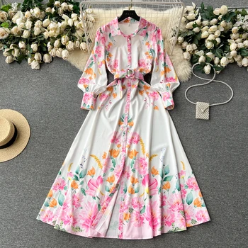 Весеннее розовое однобортное платье с длинными рукавами и цветочным принтом, элегантное Макси-длинное платье с поясом  5