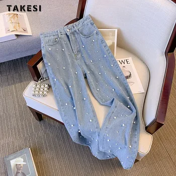 Винтажные синие прямые джинсы в уличном стиле с высокой талией, широкие мешковатые джинсовые брюки Y2K, расшитые бисером.  5