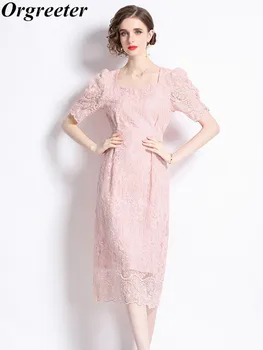 Высококачественное Сетчатое летнее платье с цветочной вышивкой в стиле Ретро с квадратным вырезом, Коротким пышным рукавом, Облегающее вечернее платье OL.  5