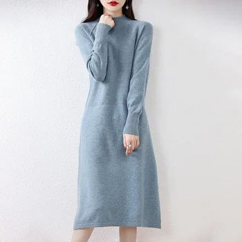 вязаное платье 2023, осенне-зимний новый женский свитер из 100% мериносовой шерсти, реглан, плечи, утолщенный длинный пуловер с круглым вырезом  5