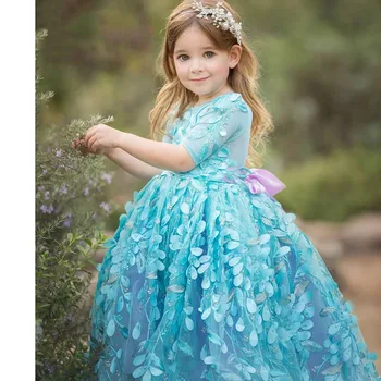 Голубое бальное платье с кружевной аппликацией, платье в цветочек для девочек, детское платье принцессы с коротким рукавом длиной до пола, свадебные платья с вышивкой на День рождения, выпускной бал  10