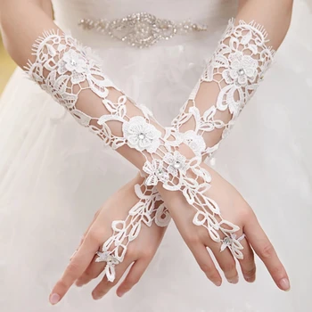 Длинные кружевные свадебные перчатки, Женские вечерние банкетные перчатки для невесты, вечеринка, Белые Guantes Novia  5