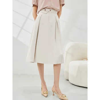 Женская юбка средней длины в стиле Хепберн, новинка сезона весна-лето 2023, свободного кроя, с высокой талией, тонкая универсальная юбка-трапеция средней длины  5
