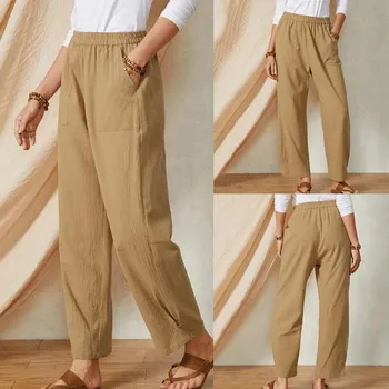 Женские брюки для йоги, хлопковые льняные брюки с сплошным карманом, женские однотонные повседневные брюки с широкой талией, брюки roupa academia femininas  4