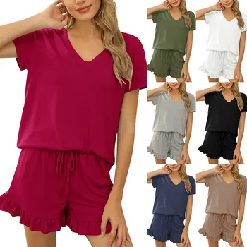 Женские весенне-летние однотонные повседневные шорты с завязками, пижама с коротким рукавом, женские шорты, домашний комплект  5