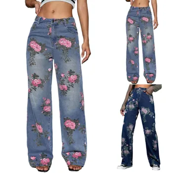 Женские джинсы на пуговицах со средней талией и цветочным принтом, модные повседневные брюки, платье, леггинсы, женские джинсовые брюки для высоких женщин  5
