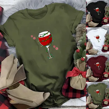 Женские повседневные футболки с круглым вырезом, Рождественская футболка с принтом в виде бокала красного вина, футболка с коротким рукавом, женские праздничные футболки, топы  5