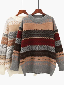 Женский зимний свитер, пуловер, вязаные джемперы, свободные джемперы в полоску, повседневный топ, свитера из аргайла, трикотажные изделия mujer invierno  5