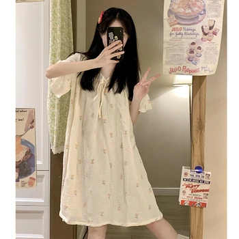 Женское ночное платье с цветочным принтом, короткий рукав, летняя женская ночная рубашка длиной до колен в Корейском стиле, Удобная домашняя ткань для женщин  4