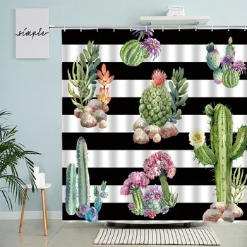 Занавеска для душа с кактусом, Тропическое Зеленое растение, Акварельный рисунок в европейском стиле, Декор стен ванной комнаты с крючком, Водонепроницаемый экран  5