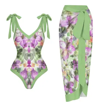 Зеленое женское платье для плавания с галстуком-бабочкой, сексуальные цельные купальники и наряды с цветочным принтом, новинка 2023 года, микро-бикини Feminina  2
