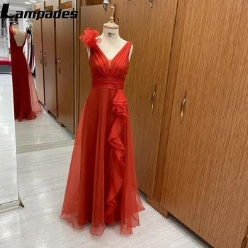 Изысканное платье для выпускного вечера с V-образным вырезом, официальное вечернее платье оранжево-красного цвета с высокой талией и прозрачным струящимся шифоном Vestidos De Mujer  3