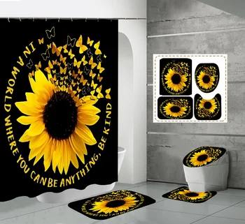 Комплект занавески для душа с 3D-печатью Butterfly Sunflower, коврик для ванной, коврик для унитаза, декор для ванной, нескользящий полиэстер, свежая вода, пуф  4
