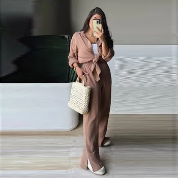 Комплекты брюк для женщин Домашняя одежда из 2 предметов Пижамы с длинным рукавом Пижамные комплекты Женская повседневная рубашка с широкими брюками Костюмы 2023  5