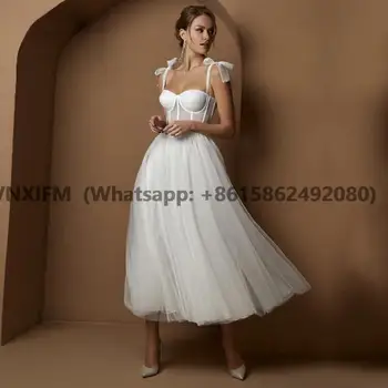 Короткие свадебные платья, современные свадебные платья на тонких бретельках, Трапециевидное Белое свадебное платье Чайной длины vestido de noiva curto  5