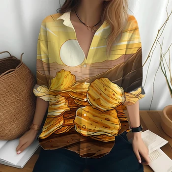 Креативная рубашка с 3D принтом картофельных чипсов, весенне-осенняя повседневная рубашка на открытом воздухе, женская рубашка с длинными рукавами на пуговицах с лацканами  5