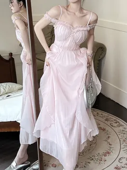 Летнее Женское Милое Розовое Сказочное Шифоновое Платье Миди В Корейском стиле, Элегантное Цельное Платье Трапециевидной формы, Женская Одежда Mujers  5