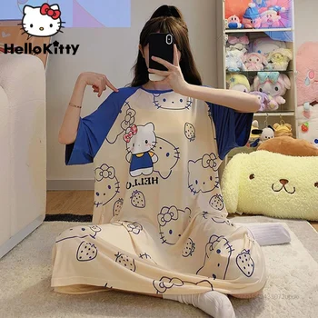 Летние платья Sanrio Hello Kitty, женская Корейская модная мягкая домашняя одежда, Y2k, милое платье-футболка большого размера, эстетичная ночная рубашка  5
