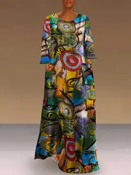 Летний сарафан VONDA 2023, Элегантное богемное длинное платье, женское повседневное платье с длинным рукавом, Винтажное Свободное платье с цветочным принтом, женское платье  5
