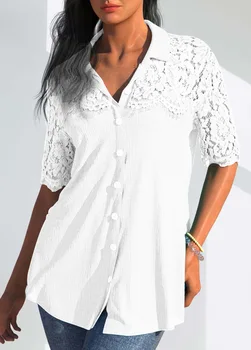 Летняя весенняя новая женская Свободная и удобная повседневная кружевная блузка с цветочным принтом, элегантная модная рубашка с коротким рукавом  5
