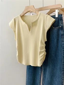 Летняя женская футболка, женская одежда, женская эластичность, женский топ с коротким рукавом, трикотажные топы Canale Y2k, футболка  5